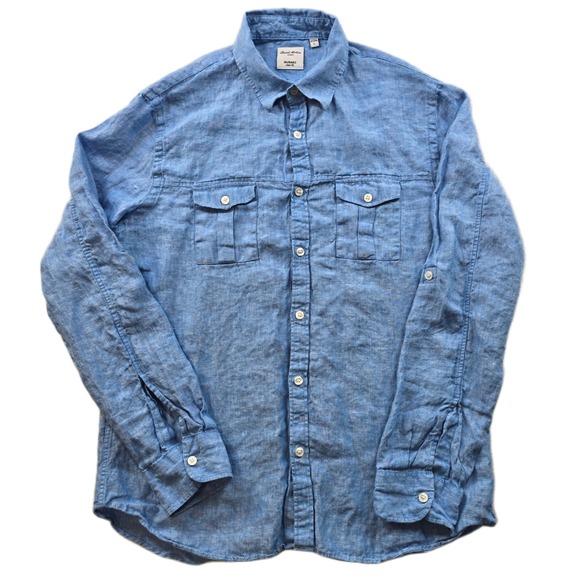 Murano Baird McNutt Linen Shirt Mens Large Blue Slim Fit Roll Tab Long Sleeve